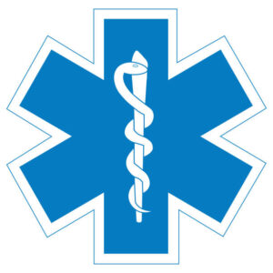 Medical symbol blue Star of Life with Rod of Asclepius icon isolated on white background. First aid. Paramedic logo. Emergency symbol. Vector illustration.