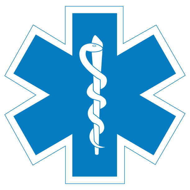 Medical symbol blue Star of Life with Rod of Asclepius icon isolated on white background. First aid. Paramedic logo. Emergency symbol. Vector illustration.